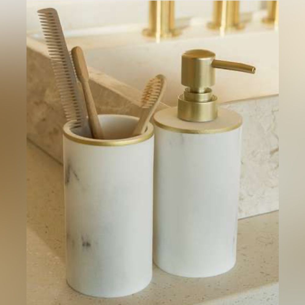 NEW Sunday Citizen Soap Dispenser and Toothbrush Holder Faux Marble gold accents